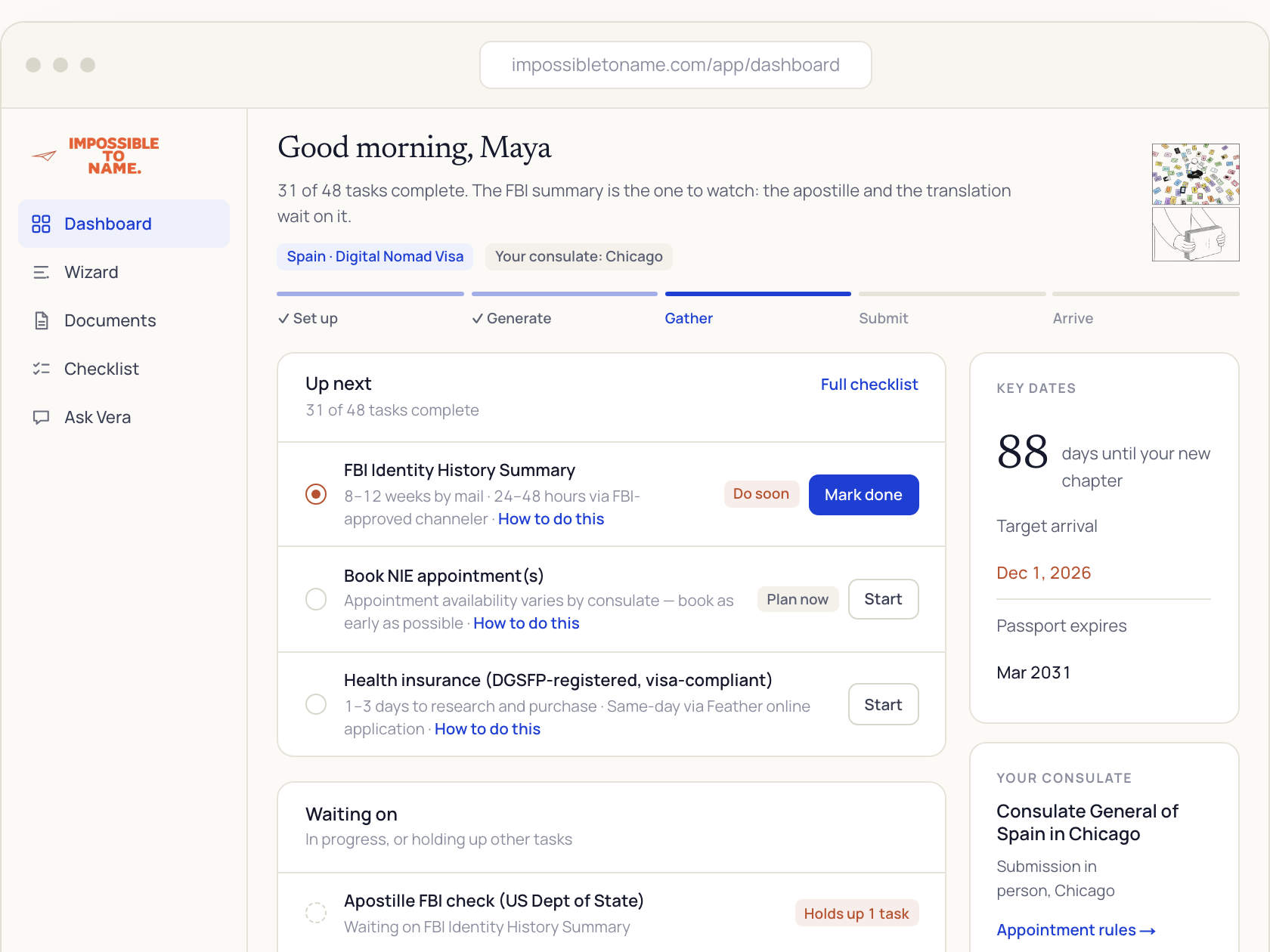 The Impossible To Name dashboard demo on the homepage: a greeting, a task count, the consulate the session routed to, and the next tasks with their states and processing times.