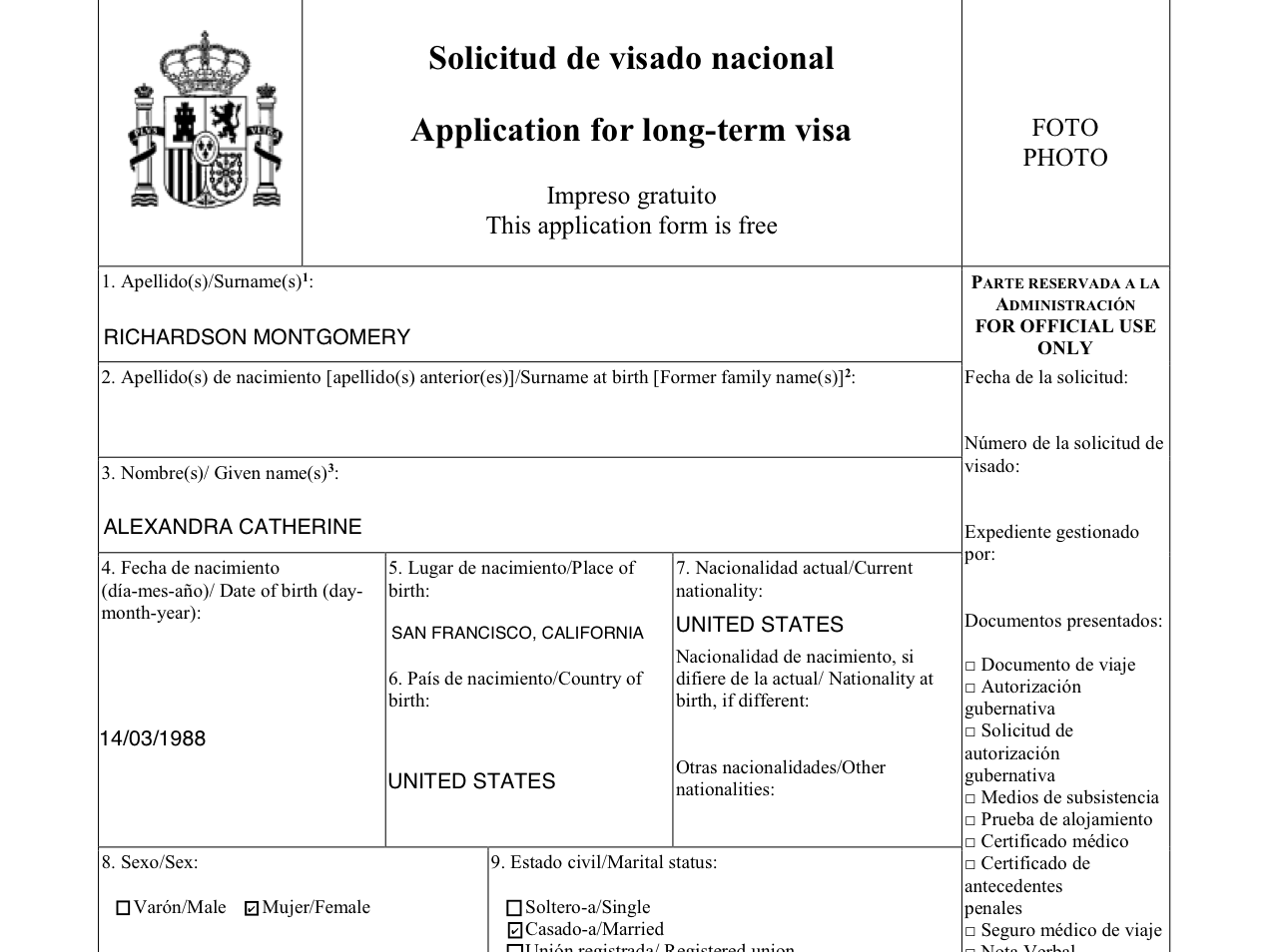 The first page of Spain's national visa application form, filled by the platform with a synthetic applicant's name, birth details, nationality, sex and marital status.